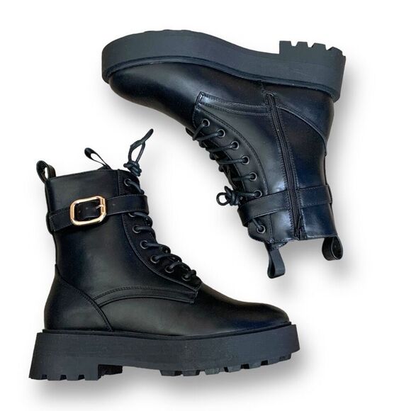 ASOS Design Ali Boots Black Wide Fit Chunky Lace Up  Ankle Buckle Detail 7 - Picture 1 of 12